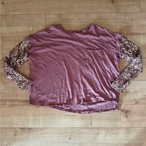 Free People Celine Sequin Sleeve Top Blush Pink Oversized Long Sleeve S